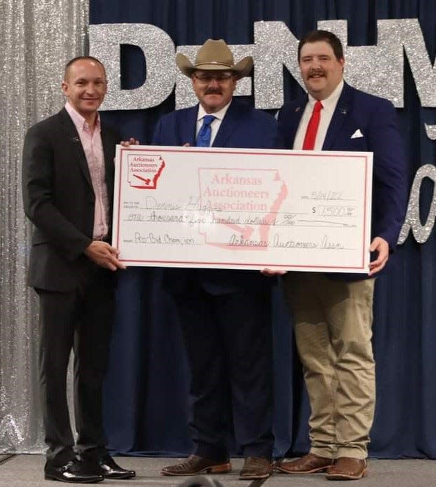 Dennis Huggins, center, is Arkansas state champ for auctioneering. On the left is Justin Kennedy with the Oklahoma School of Auctioneering, and on the right in photo is Matt Sandmann the 2021 Arkansas Champion.