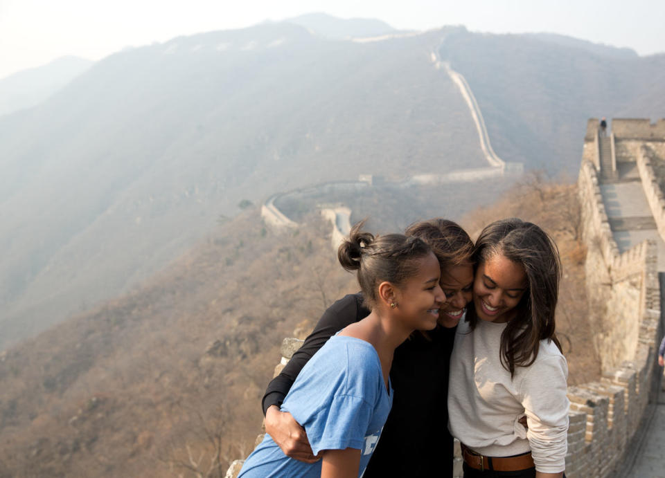 'March 23, 2014 'A great moment captured by Amanda Lucidon of the First Lady and daughters Sasha and Malia during their visit to the Great Wall of China.' (Official White House Photo by Amanda Lucidon) This official White House photograph is being made available only for publication by news organizations and/or for personal use printing by the subject(s) of the photograph. The photograph may not be manipulated in any way and may not be used in commercial or political materials, advertisements, emails, products, promotions that in any way suggests approval or endorsement of the President, the First Family, or the White House. (Photo by Amanda Lucidon/White House/Handout/The White House/Corbis via Getty Images)