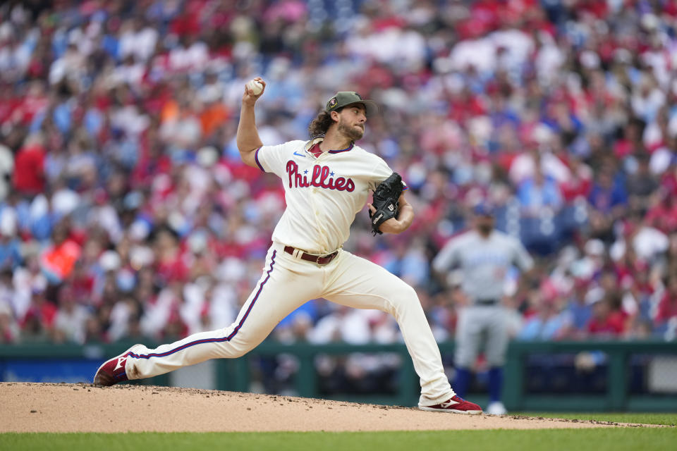 Philadelphia Phillies' Aaron Nola pitches during the second inning of a baseball game against the Chicago Cubs, Saturday, May 20, 2023, in Philadelphia. (AP Photo/Matt Rourke)