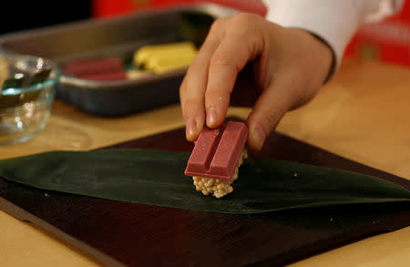 One of Nestle Japan's sushi-shaped KitKat for the upcoming Valentine's Day celebration is pictured at its Ginza store in Tokyo, Japan, February 2, 2017. REUTERS/Toru Hanai