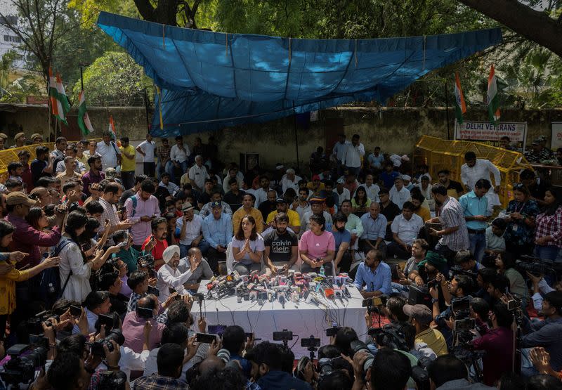 FILE PHOTO: Indian wrestlers take part in a sit-in protest demanding arrest of WFI chief, who they accuse of sexually harassing female players, in New Delhi