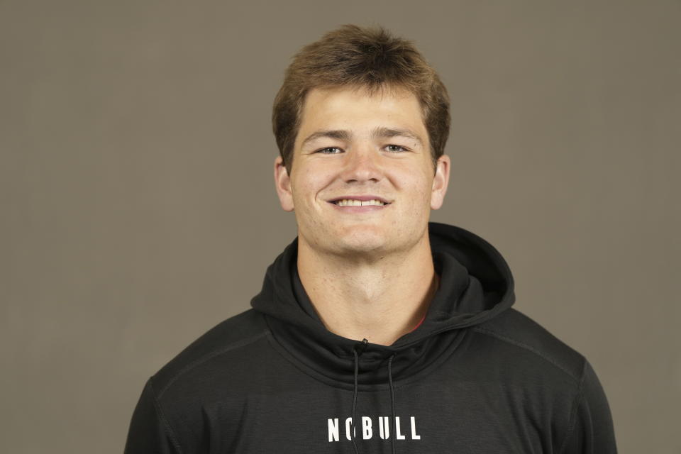 FILE - North Carolina quarterback Drake Maye poses for a portrait at the NFL football combine, Wednesday, Feb. 28, 2024, in Indianapolis. Maye is a possible first round pick in the NFL Draft.(Doug Benc/AP Images for the NFL)