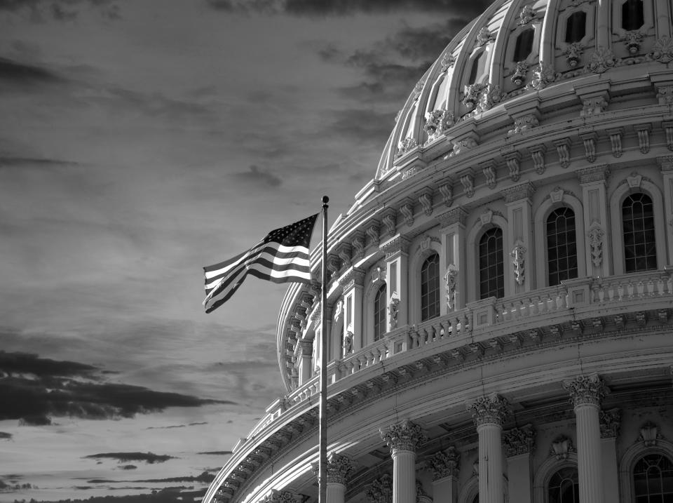 A black and white photo of the U.S. Capitol building with an American flag flying in the foreground.