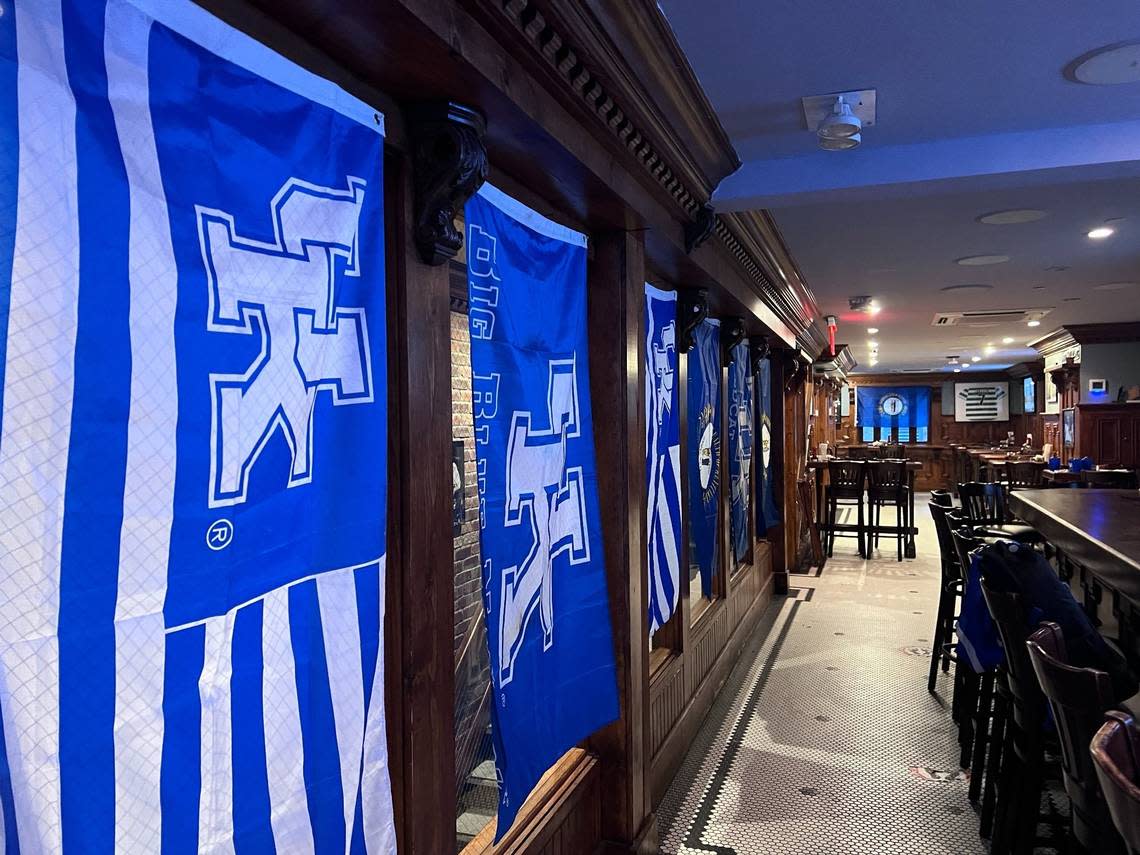 The interior of Jack Demsey’s in New York City is shown during a UK game day. For Kentucky basketball and football games, the second and third levels of the bar and restaurant are dedicated viewing space for Wildcat fans.