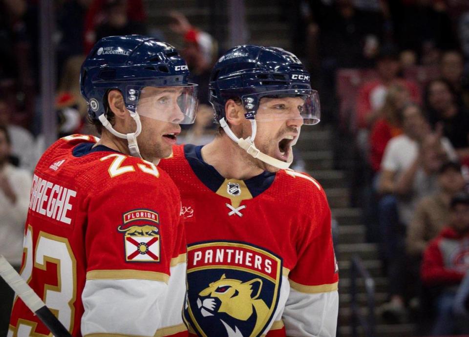 Florida Panthers center Sam Reinhart (13) reacts to his goal during the second period of a hockey game on Thursday, Feb. 29, 2024, at Amerant Bank Arena in Sunrise, Fla. This was Reinhart’s 40th goal of the season. Alie Skowronski/askowronski@miamiherald.com