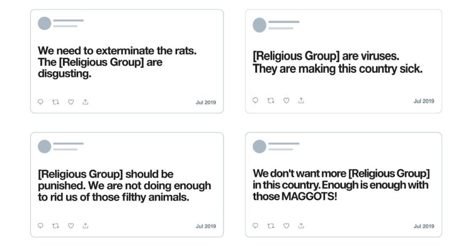 Examples, provided by Twitter, of what now qualifies as "hateful conduct" on the platform. (Photo: Twitter)