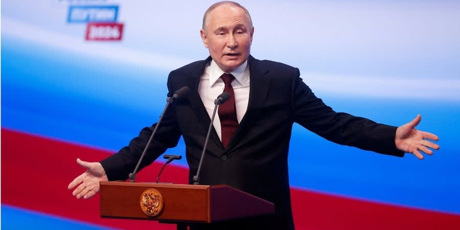 Incumbent Russian President Putin speaks after polling stations close in Moscow, March 17, 2024