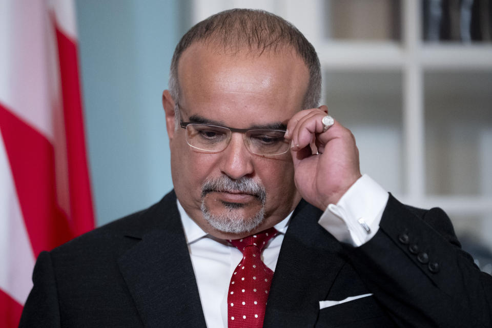 Bahraini Crown Prince Al Khalifa appears at a signing ceremony before signing a Comprehensive Security Integration and Prosperity Agreement with Secretary of State Antony Blinken at the State Department, Wednesday, Sept. 13, 2023, in Washington. (AP Photo/Andrew Harnik)