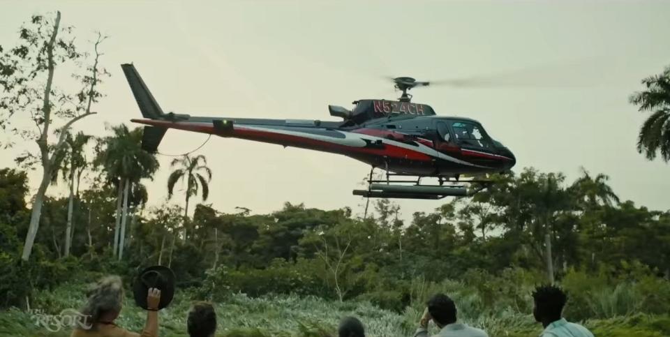 A helicopter departs from the jungle in "The Resort"