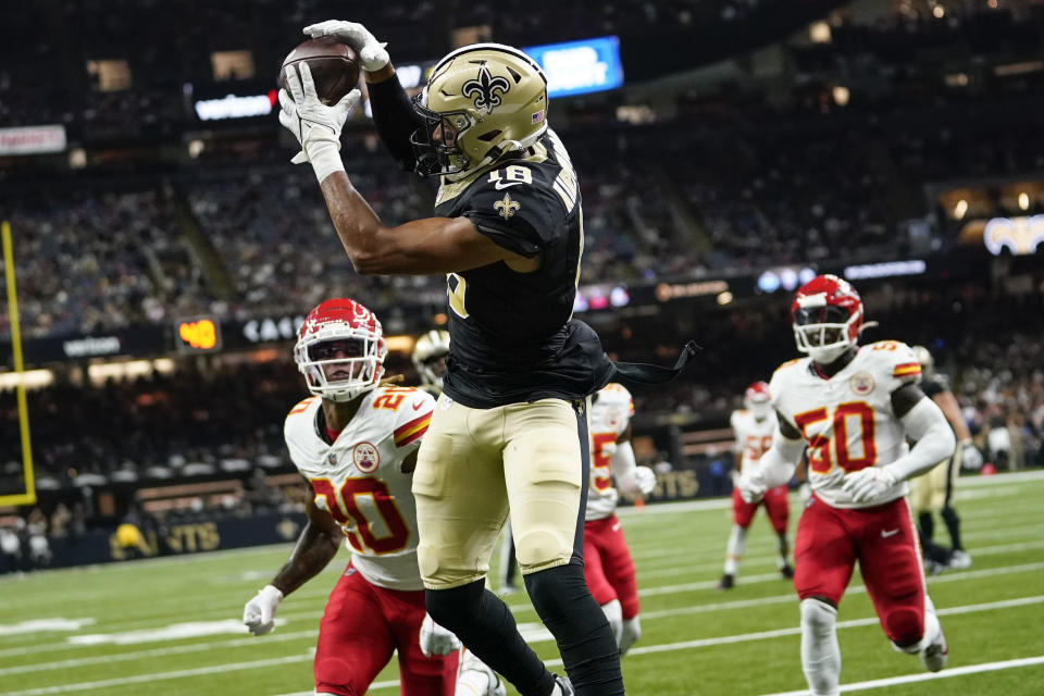 New Orleans Saints wide receiver Keith Kirkwood (18) catches a touchdown in the first half of a preseason NFL football game against the Kansas City Chiefs, in New Orleans, Sunday, Aug. 13, 2023. (AP Photo/Gerald Herbert)