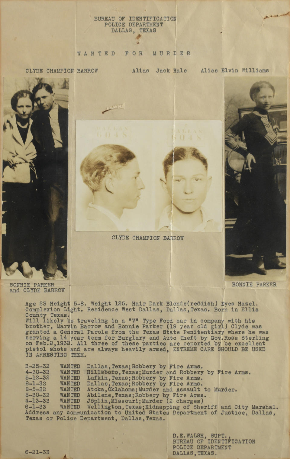 In this July 29, 2019, photo provided by RR Auction, a wanted poster of Bonnie Parker and Clyde Barrow are shown. A book of poetry handwritten by Bonnie Parker and a watch belonging to Clyde Barrow are among items from the outlaw Texas couple being offered at auction. (AP Photo/RR Auction, Nikki Brickett)