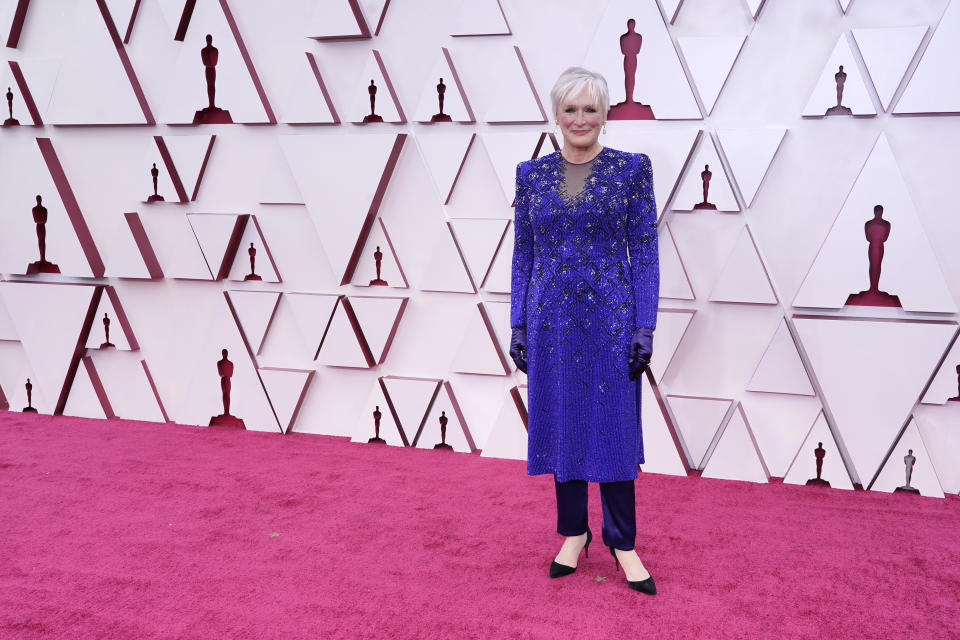 Glenn Close arrives at the Oscars on Sunday, April 25, 2021, at Union Station in Los Angeles. (AP Photo/Chris Pizzello, Pool)