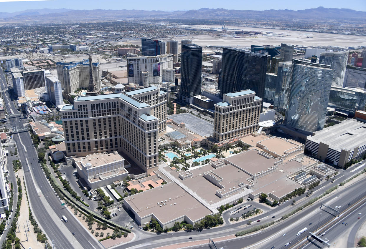 LAS VEGAS, NEVADA - MAY 21:  An aerial view shows the Las Vegas Strip including Bellagio Resort & Casino, which has been closed since March 17 in response to the coronavirus (COVID-19) pandemic on May 21, 2020 in Las Vegas, Nevada. It is still unclear when casinos in the state will be allowed to reopen.  (Photo by Ethan Miller/Getty Images)
