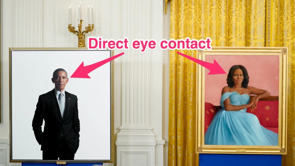 The Obama's White House portraits with arrows showing their direct eye contact with the viewer