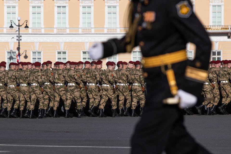 Russian military personnel rehearse in St. Petersburg ahead of the May 9 Victory Parade.