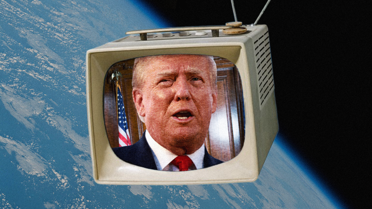 Image of television floating in space above Earth with Trump's face on the screen.