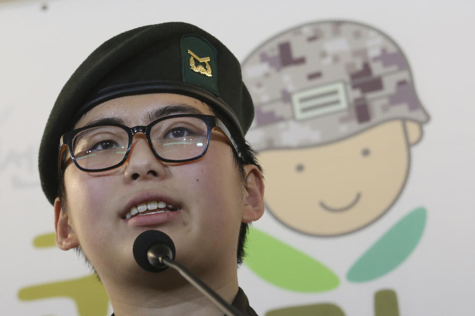 South Korean army Sergeant Byun Hui-su speaks during a press conference at the Center for Military Human Right Korea in Seoul, South Korea, Wednesday, Jan. 22, 2020. South Korea's military decided Wednesday to discharge Byun who recently undertook gender reassignment surgery, a ruling expected to draw strong criticism from human rights groups.(AP Photo/Ahn Young-joon)