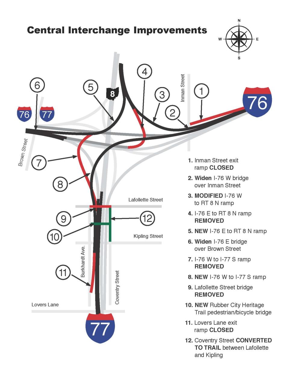 Reconfiguration of the city's Central Interchange will include added lanes, ramp reconstruction, reconfiguration and closures and a new pedestrian/bicycle bridge to replace the Lafollette Street bridge.