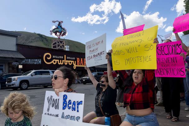 PHOTO: In this June 24, 2022, file photo, abortion rights protesters chant slogans during a gathering to protest the Supreme Court's decision in the Dobbs v Jackson Women's Health case, in Jackson Hole, Wyoming. (Natalie Behring/Getty Images, FILE)