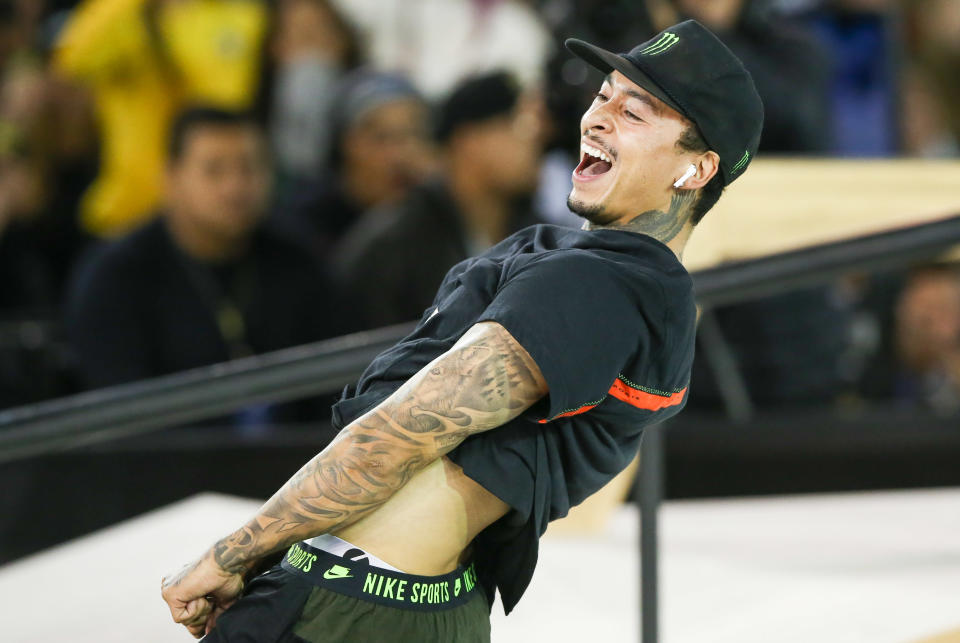 SAO PAULO, BRAZIL - SEPTEMBER 22: Nyjah Huston of the United States competes during the finals during the WS/SLS 2019 World Championship at Parque Anhembi on September 22, 2019 in Sao Paulo, Brazil. (Photo by Alexandre Schneider/Getty Images)