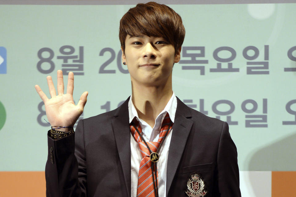 Moon Bin, a member of K-Pop group ASTRO poses at a drama presentation in Seoul, South Korea, Aug. 18, 2015. Moon Bin was found dead at his home in Seoul, his management agency said Thursday, April 20, 2023. (Park Young-tai/Newsis via AP)