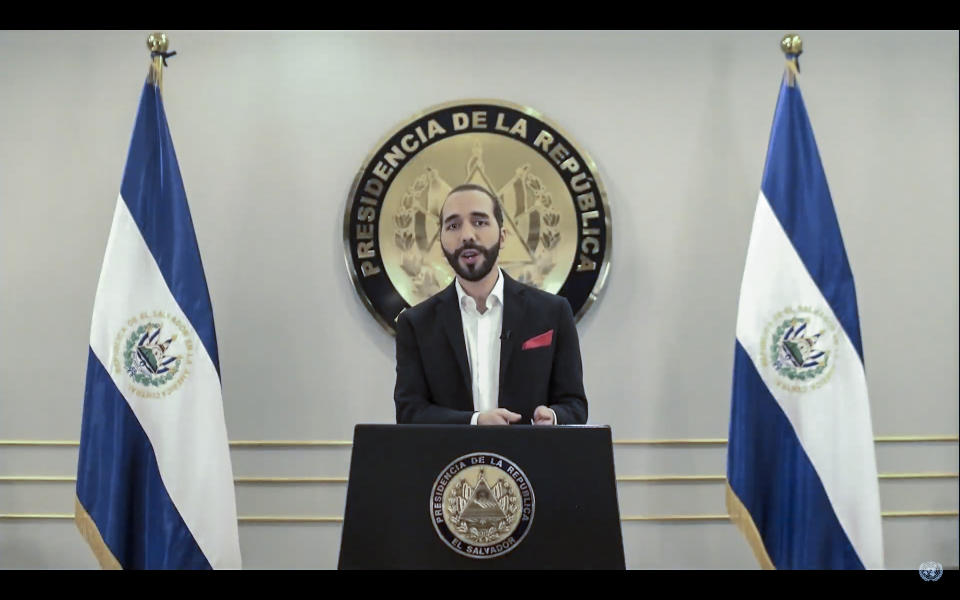 In this image take from UNTV video, Nayib Armando Bukele, President of El Salvador, speaks in a pre-recorded video message during the 75th session of the United Nations General Assembly, Tuesday, Sept. 29, 2020, at U.N. headquarters in New York. (UNTV via AP)