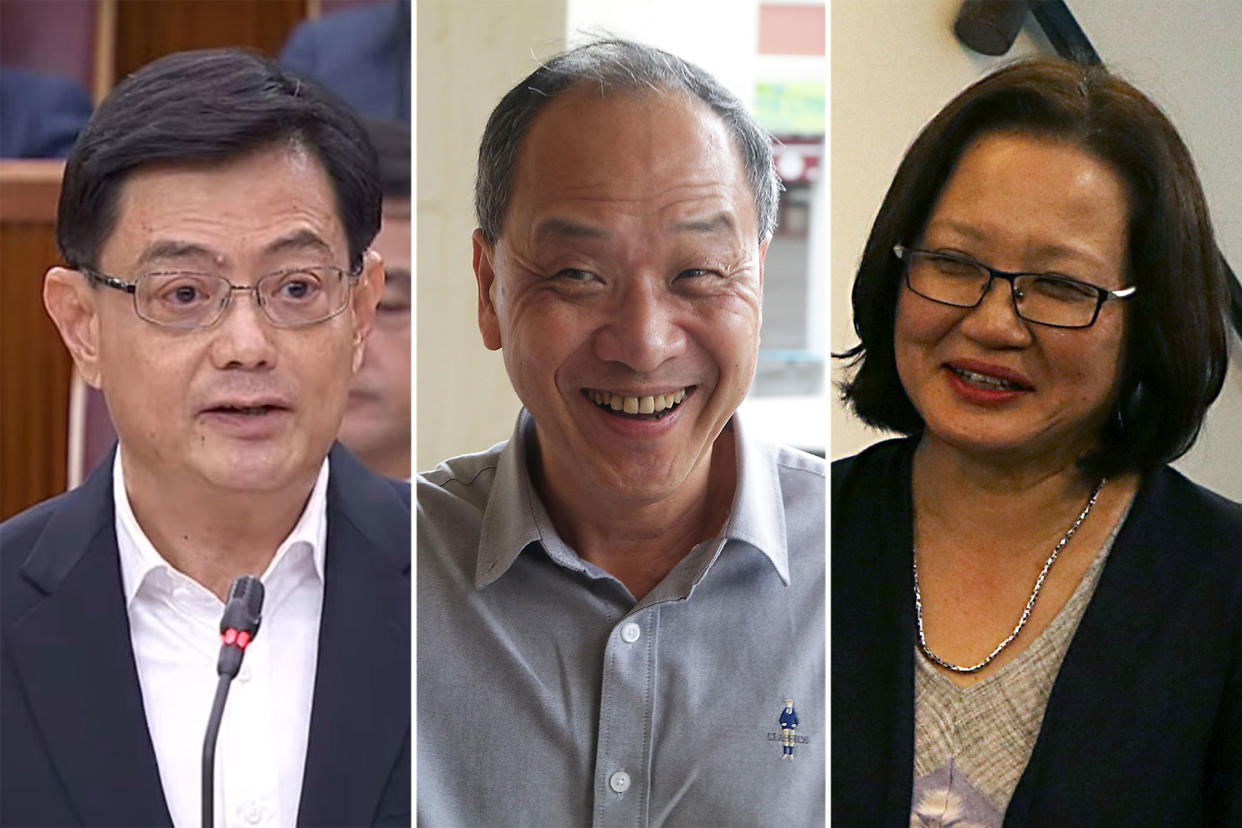 (L-R) Deputy Prime Minister Heng Swee Keat, former Workers' Party chief Low Thia Khiang and WP chairperson Sylvia Lim (PHOTOS: YouTube screengrab/Yahoo News Singapore) 