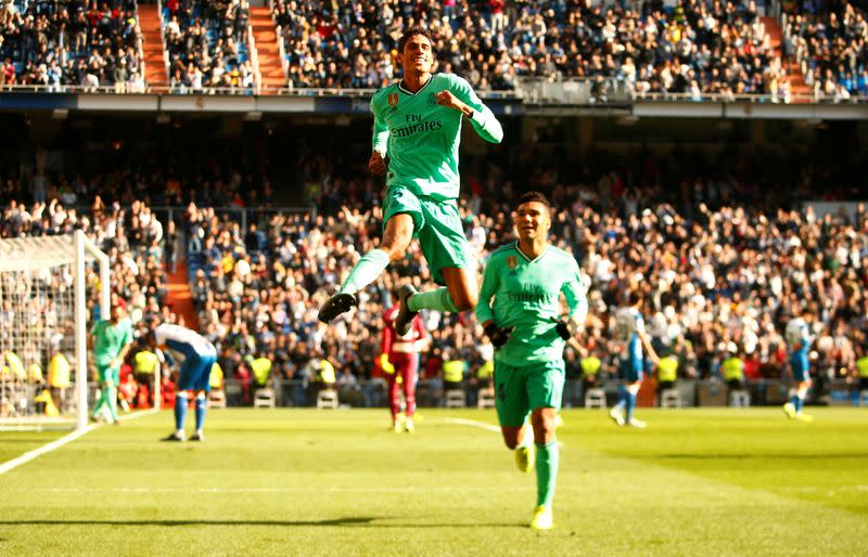 La Liga Santander - Real Madrid vs Espanyol - Raphael Varane celebra su primer gol