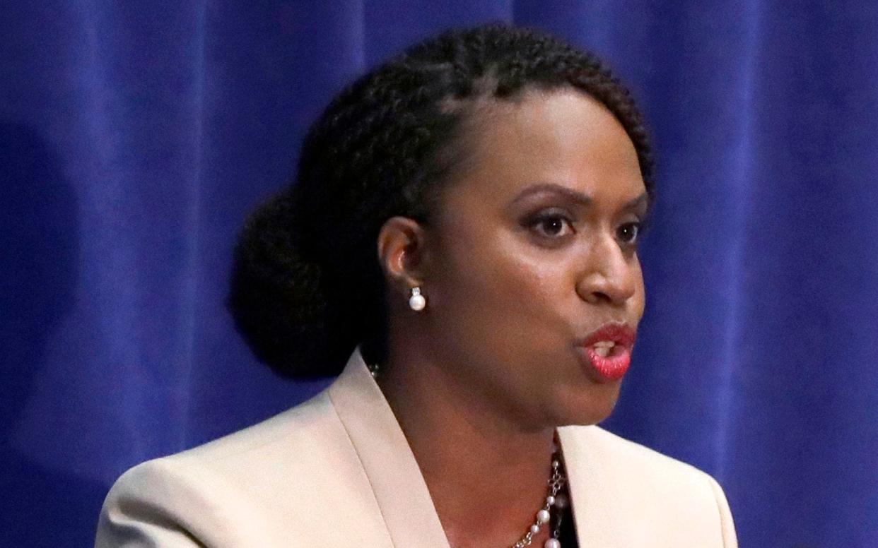 Boston City Councilor Ayanna Pressley speaks during a debate at the University of Massachusetts, in Boston - AP