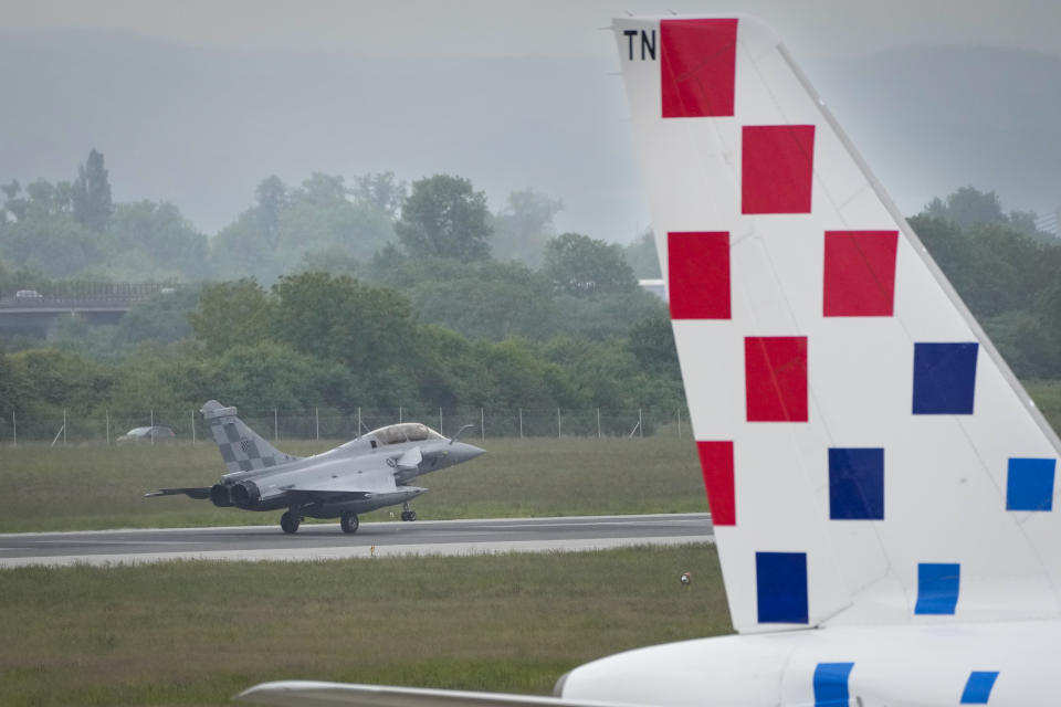 A French made Rafale fighter jet lands at the international airport in Zagreb, Croatia, Thursday, April 25, 2024. Croatia purchased 12 used fighter jets of the same type for about 1 billion euros. (AP Photo/Darko Bandic)