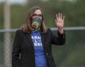 FILE - In this Tuesday, Sept. 15, 2020 file photo, transgender activist Sarah McBride, who hopes to win a seat in the Delaware Senate, campaigns at the Claymont Boys & Girls Club in Claymont, Del. McBride, who has long-standing ties to Delaware’s best-known political family, says, “I am very aware of the stark contrast between the president we could have (Biden) and the president we now have. ... There has never been a moment in the fight for trans equality with such potential and at the same time such risk.” (AP Photo/Jason Minto)