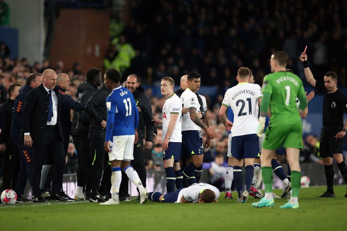 Everton’s Abdoulaye Doucoure was sent off for fouling Harry Kane (Nigel French/PA) (PA Wire)