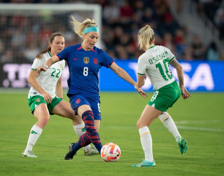 ST. LOUIS, MO - APRIL 11: Julie Ertz #8 of the United States dribbles the ball during an international friendly.