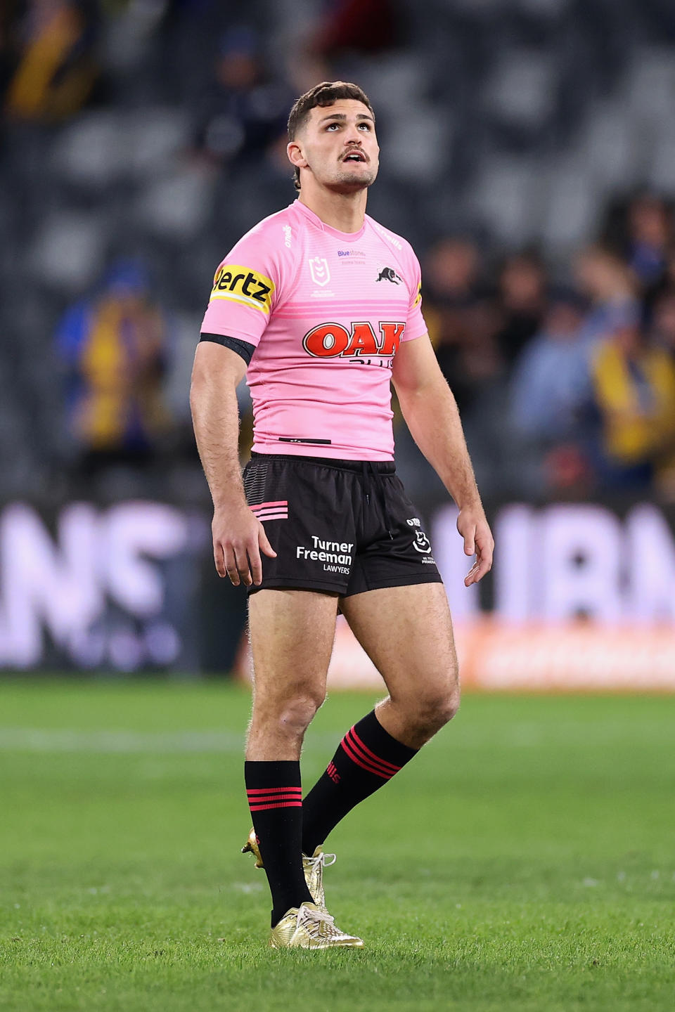 Nathan Cleary (pictured) warms up before an NRL match.