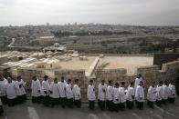 A member of the Catholic clergy holds a palm frond during a Palm Sunday procession on the Mount of Olives in Jerusalem April 13,2014. Pictured in the background is the Dome of the Rock on the compound known to Muslims as al-Haram al-Sharif and to Jews as the Temple Mount, in Jerusalem's Old City. REUTERS/Baz Ratner(JERUSALEM - Tags: RELIGION)