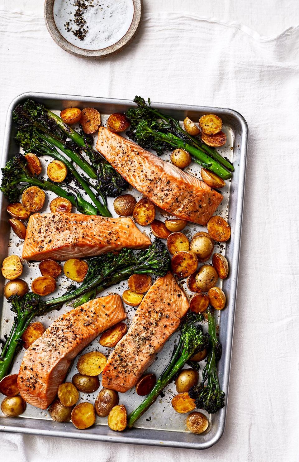 Sheet Pan Salmon With Potatoes and Broccolini