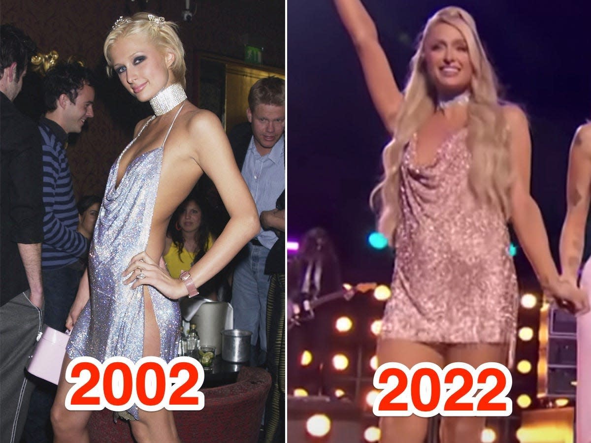 A side-by-side of Paris Hilton in 2002 and 2022.