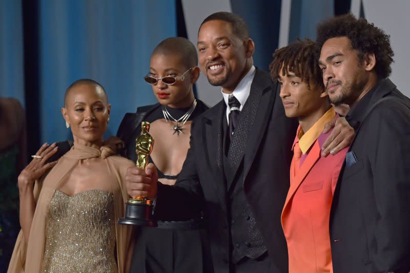 Jada Pinkett Smith, Willow Smith, Will Smith, Jaden Smith and Trey Smith, from left to right, attend the Vanity Fair Oscar party in 2022. File Photo by Chris Chew/UPI