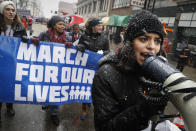 FILE - In this Saturday, March 24, 2018 file photo, organizer Rasleen Krupp, 17, leads a "March for Our Lives" protest for gun legislation and school safety in Cincinnati in conjunction with a Washington march spearheaded by teens from Marjory Stoneman Douglas High School in Parkland, Fla., where over a dozen people were killed in February. Congress failed to pass tough new gun-control measures in the aftermath of the massive March for Our Lives protests. Nonetheless, gun-control activists have taken credit for numerous election victories, notably helping Democrats take control of Virginia’s legislature in 2019. (AP Photo/John Minchillo)