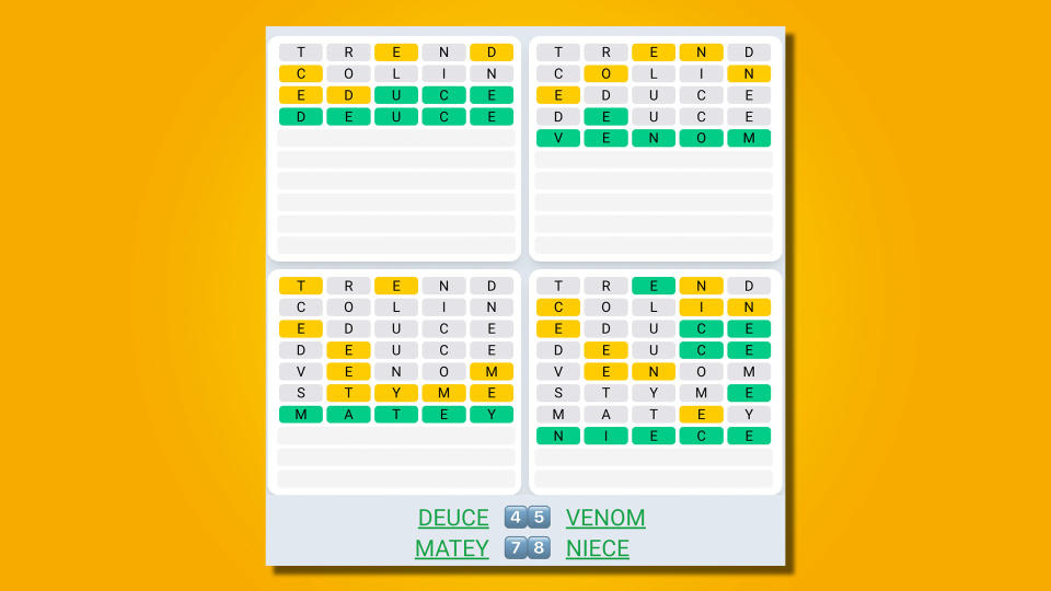 Quordle Daily Sequences answers for game 480 on a yellow background