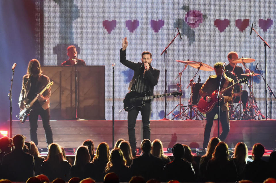 <p>Geoff Sprung, Matthew Ramsay, and Brad Tursi of Old Dominion perform onstage at the 51st annual CMA Awards at the Bridgestone Arena on November 8, 2017 in Nashville, Tennessee. (Photo by Rick Diamond/Getty Images) </p>