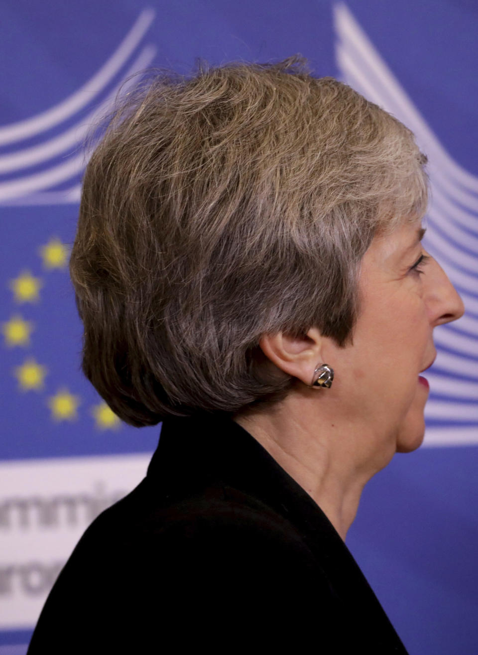 British Prime Minister Theresa May arrives for a meeting with European Commission President Jean-Claude Juncker at EU headquarters in Brussels, Wednesday, Feb. 20, 2019. European Commission President Jean-Claude Juncker and British Prime Minister Theresa May meet Wednesday for their latest negotiating session to seek an elusive breakthrough in Brexit negotiations. (AP Photo/Olivier Matthys)