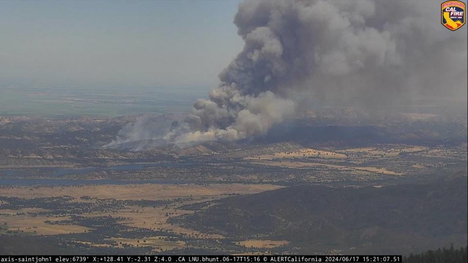 The Sites Fire burns in Colusa County, California, as seen by a Cal Fire camera on Saint John Mountain shortly after 3:15 p.m. Monday, June 17, 2024. Cal Fire officials said the fire was spreading rapidly, driven by wind.