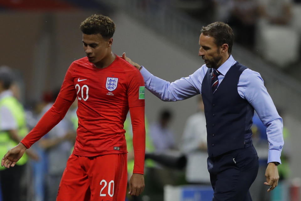 Injured: Gareth Southgate escorts Dele Alli after replacing him with Ruben Loftus-Cheek