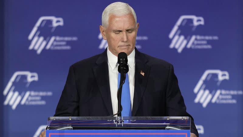 Former Vice President Mike Pence speaks at an annual leadership meeting of the Republican Jewish Coalition on Saturday, Oct. 28, 2023, in Las Vegas.