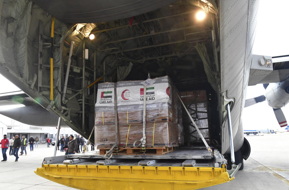 <p>In this photo released by the Syrian official news agency SANA, a United Arab Emirates plane carrying humanitarian aid for Syria following a devastating earthquake, arrives at the airport in Damascus, Syria, Wednesday, Feb. 8, 2023. Search teams and aid are pouring into Turkey and Syria as rescuers working in freezing temperatures dig through the remains of buildings flattened by a devastating earthquake. (SANA via AP)</p> 