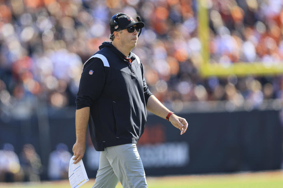 Atlanta Falcons head coach Arthur Smith walks onto the field after challenging a call in the first half of an NFL football game against the Cincinnati Bengals in Cincinnati, Sunday, Oct. 23, 2022. (AP Photo/Aaron Doster)