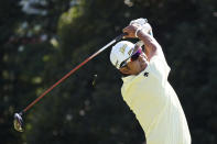 Hideki Matsuyama of Japan hits his tee shot on the fourth hole during the final round of the Zozo Championship golf tournament at Accordia Golf Narashino Country Club on Sunday, Oct. 24, 2021, in Inzai, Chiba Prefecture, Japan. (AP Photo/Tomohiro Ohsumi)