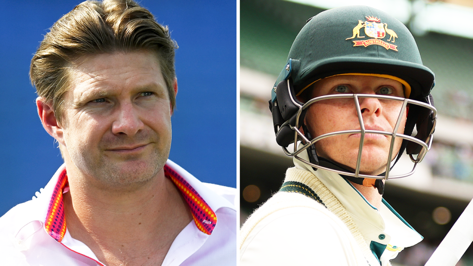 Shane Watson reacts and Steve Smith walks on the field.