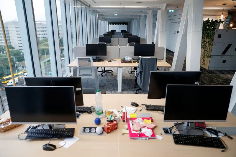 An empty office is pictured at the Magyar Telekom HQ during the outbreak of the coronavirus disease (COVID-19), in Budapest